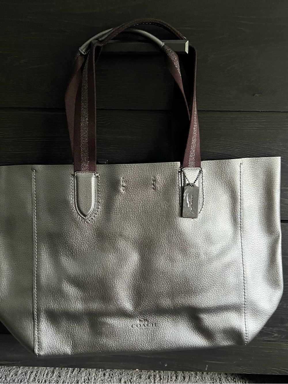 Coach Gray Leather Tote with Dark Brown Straps new